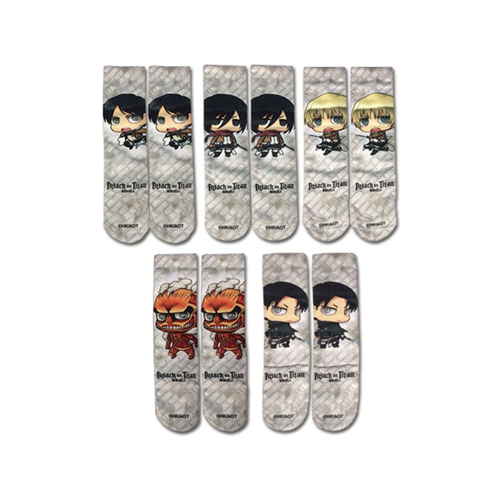 Attack On Titan Chibi Characters 5 Pairs Sublimated Crew Socks